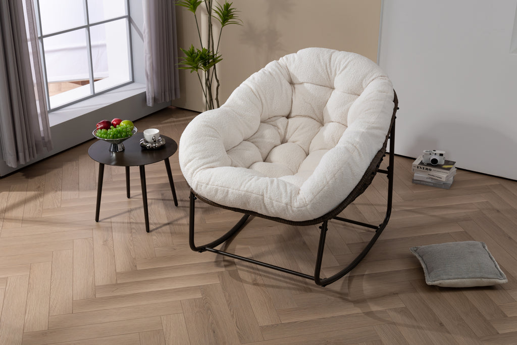 Outdoor Rattan Rocking Chair,Padded Cushion Rocker Recliner Chair Outdoor for Front Porch, Living Room, Patio, Garden, White - Grand Goldman Shop
