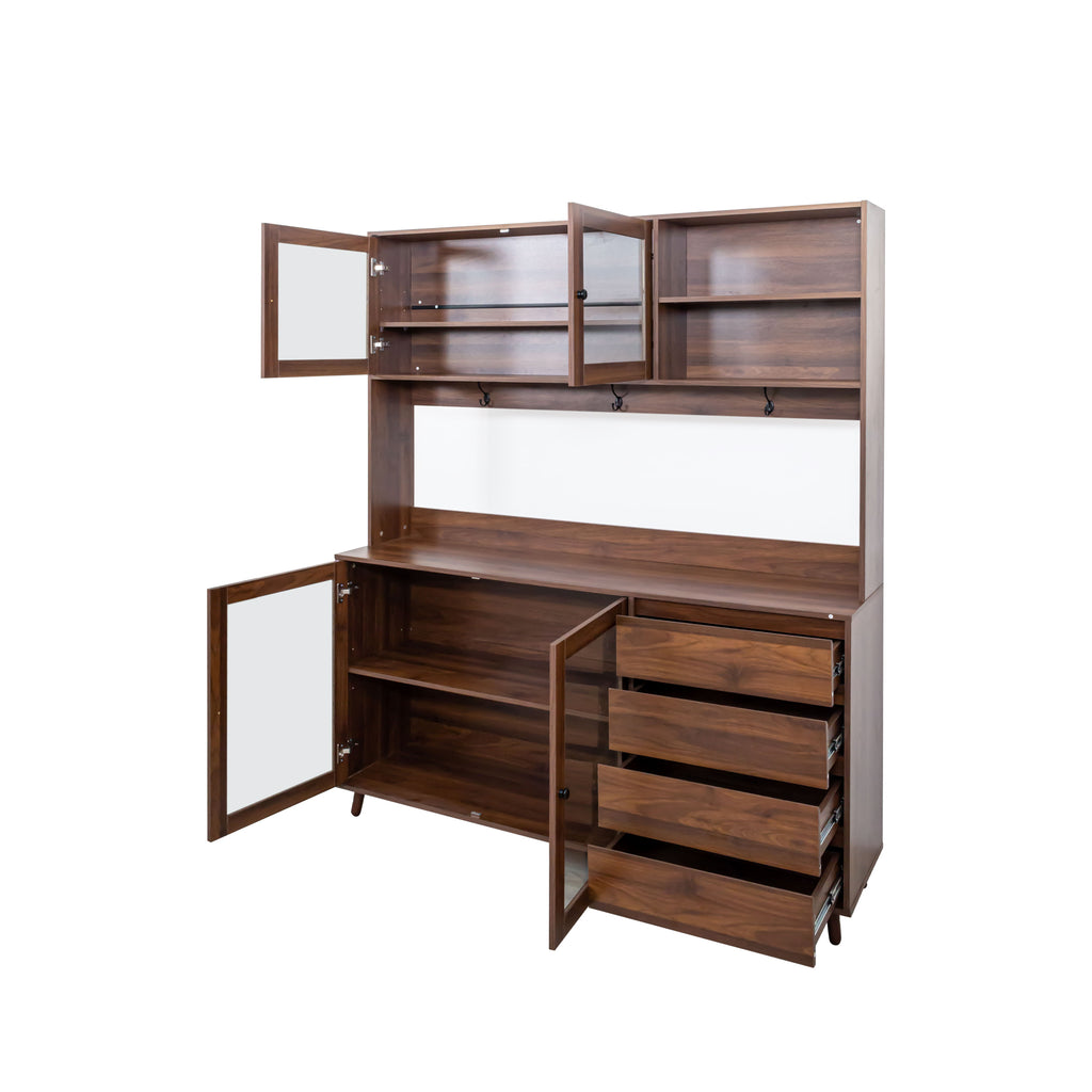 63' W Large Kitchen Hutch Cabinet, Freestanding Pantry Cabinets Storage Kitchen Cupboard with 4 Doors, 4 Drawers & Microwave Shelf, Walnut - Grand Goldman Shop
