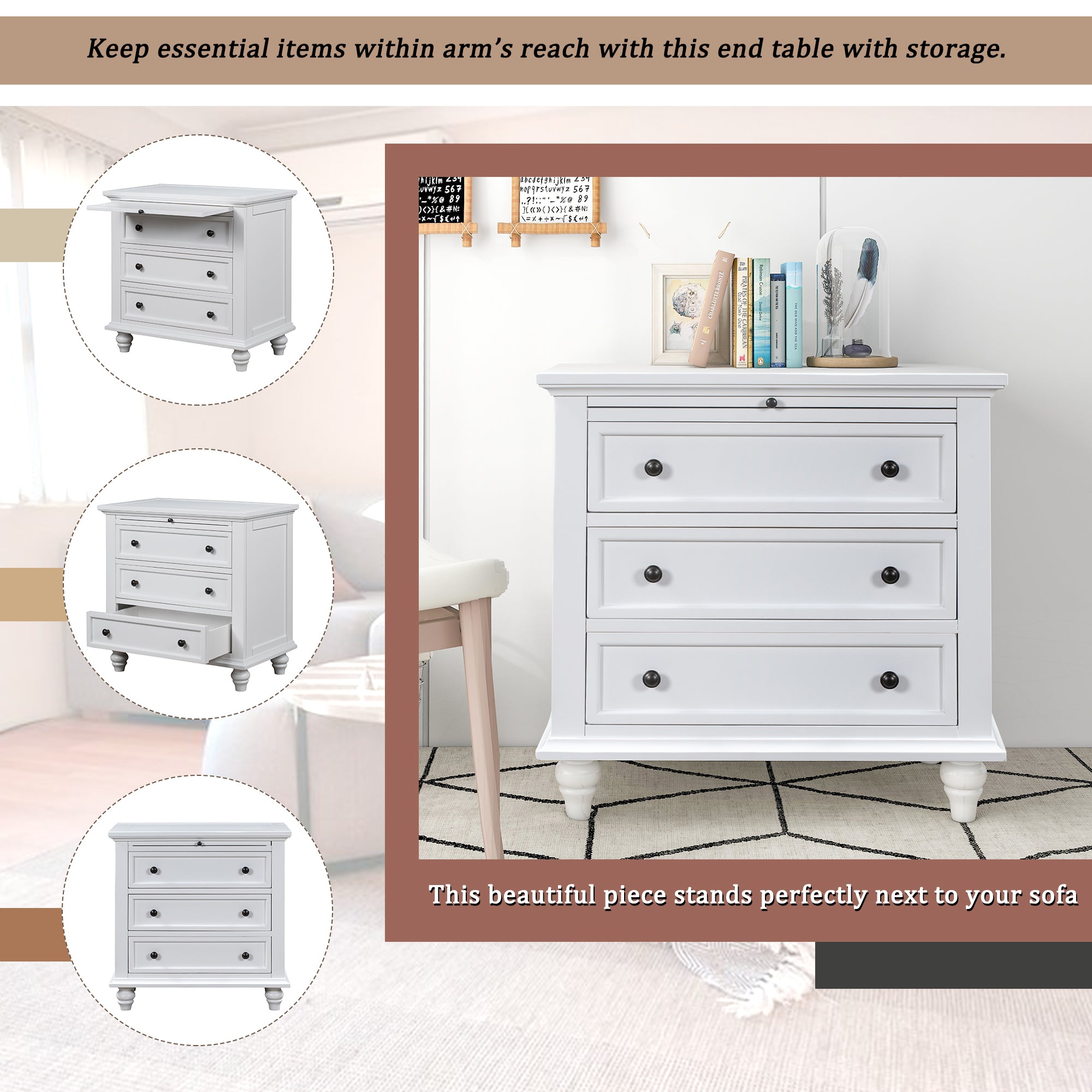 U_STYLE 27.6'' Painted Nightstand with pull-out tray, Fashion Bedside Cabinet with 3 Drawers, Minimalist Sofa Side Table with rubber legs and Metal handle for Bedroom Sofa Couch Office - Grand Goldman Shop
