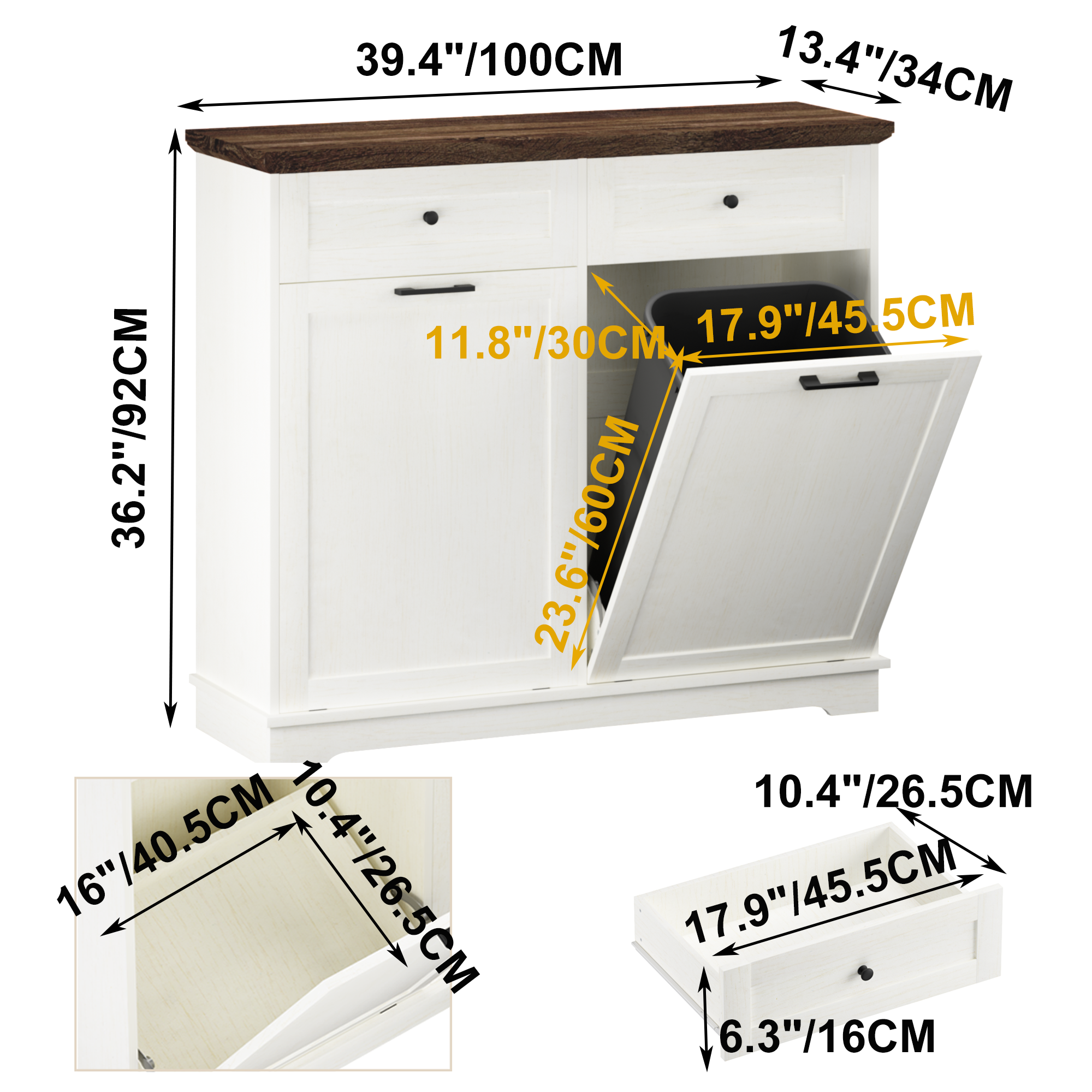 20 Gallon Tilt Out Trash Cabinet Freestanding Trash Bin Cabinet Wood Garbage Recycling Cabinet with Drawer Pet Proof Trash Can Holder for Kitchen Living Room, Antique White (Not include trash can) - Grand Goldman Shop