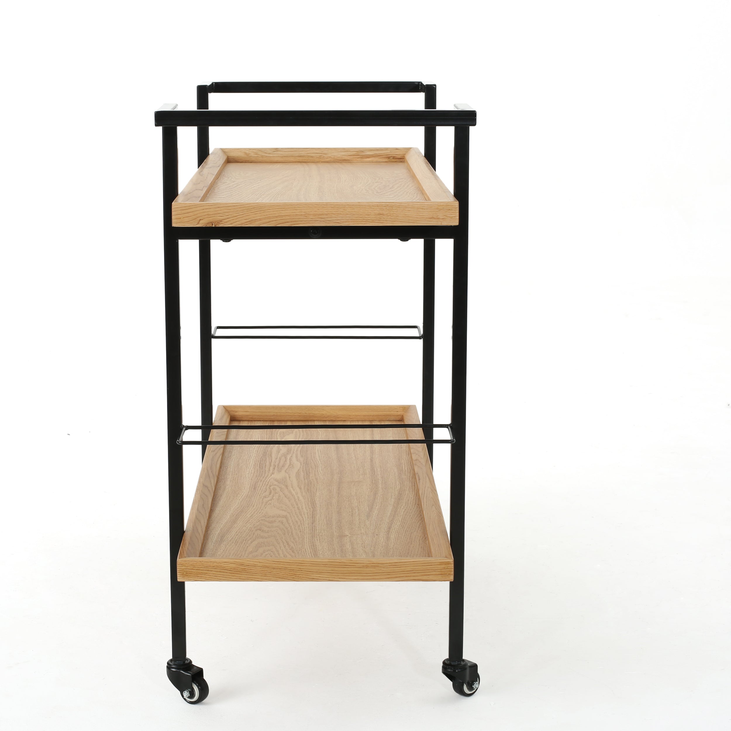 Modern Industrial Bar Cart with Shelving and Casters in Natural Wood and Metal, 38 x 16.1 x 33 inches - Grand Goldman Shop