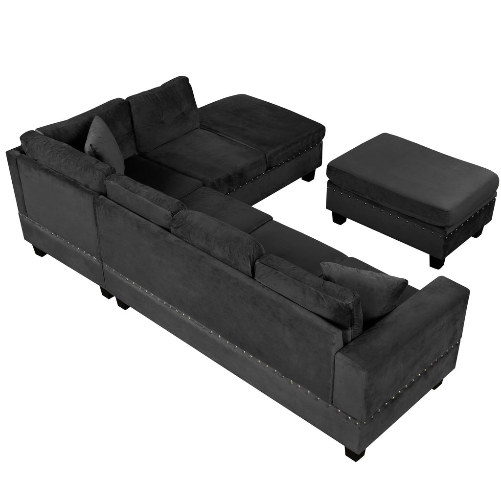 Modern Sectional Sofa with Storage Ottoman, L-Shape Couch with 2 Pillows and Cup Holders, Black Velvet, 105' - Grand Goldman Shop
