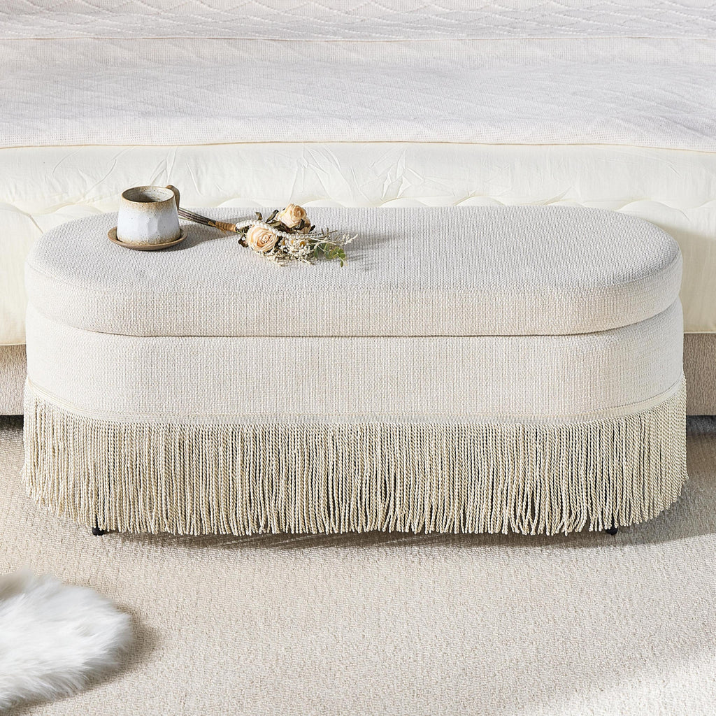 Oval Upholstered Storage Ottoman with Fringe Trim & Lift-Top Lid - 39'L x 16'W x 17'H, Multi-Functional Footrest & Hidden Storage for Living Room or Bedroom - Beige Fabric with Metal Frame - Grand Goldman Shop