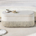 Oval Upholstered Storage Ottoman with Fringe Trim & Lift-Top Lid - 39'L x 16'W x 17'H, Multi-Functional Footrest & Hidden Storage for Living Room or Bedroom - Beige Fabric with Metal Frame - Grand Goldman Shop