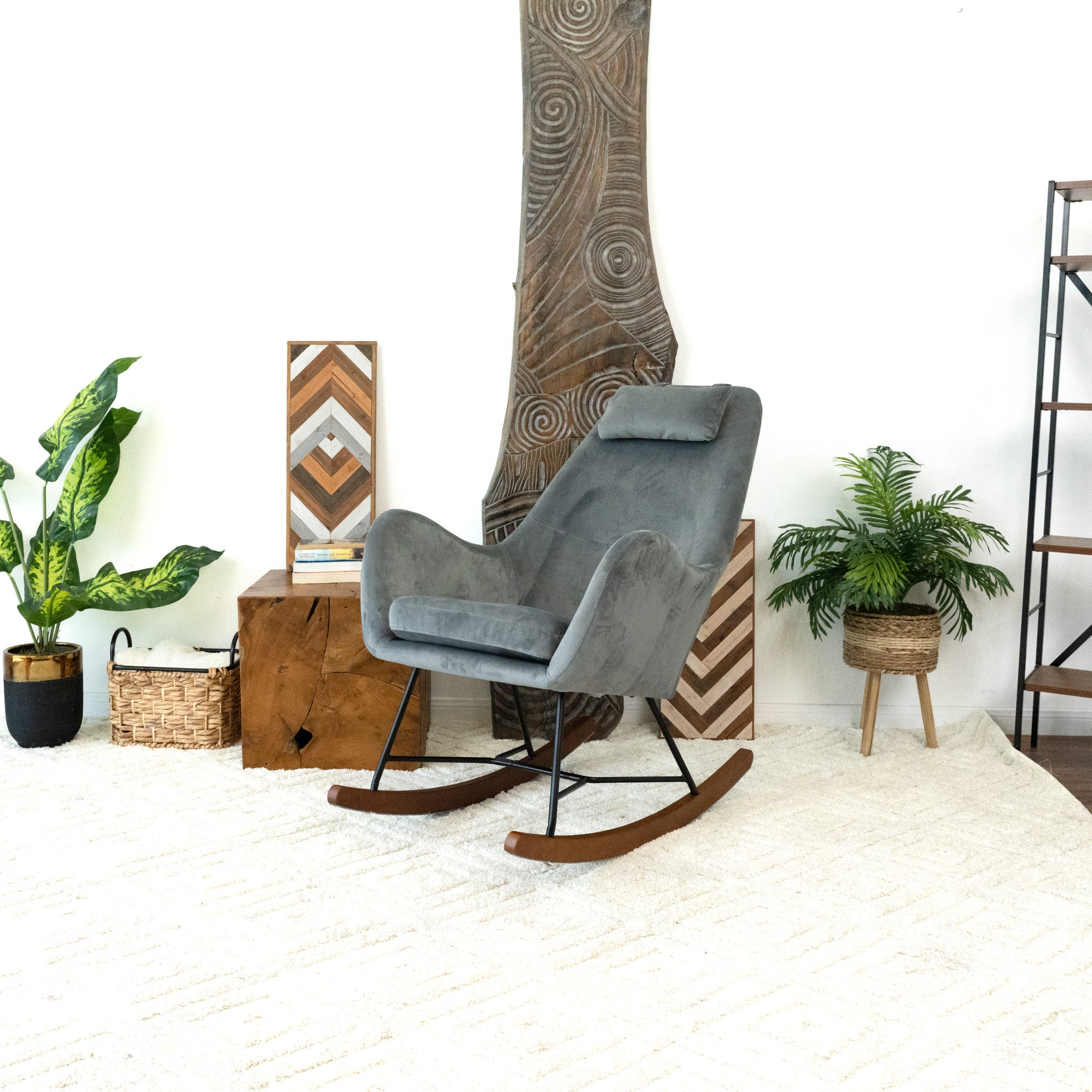 Chelsea Grey Velvet Rocking Chair, Comfort and Style for Home, Light Gray, Velvet, 38.5'H x 27.5'W x 36'D for Living Room Bedroom Waiting Room - Grand Goldman Shop