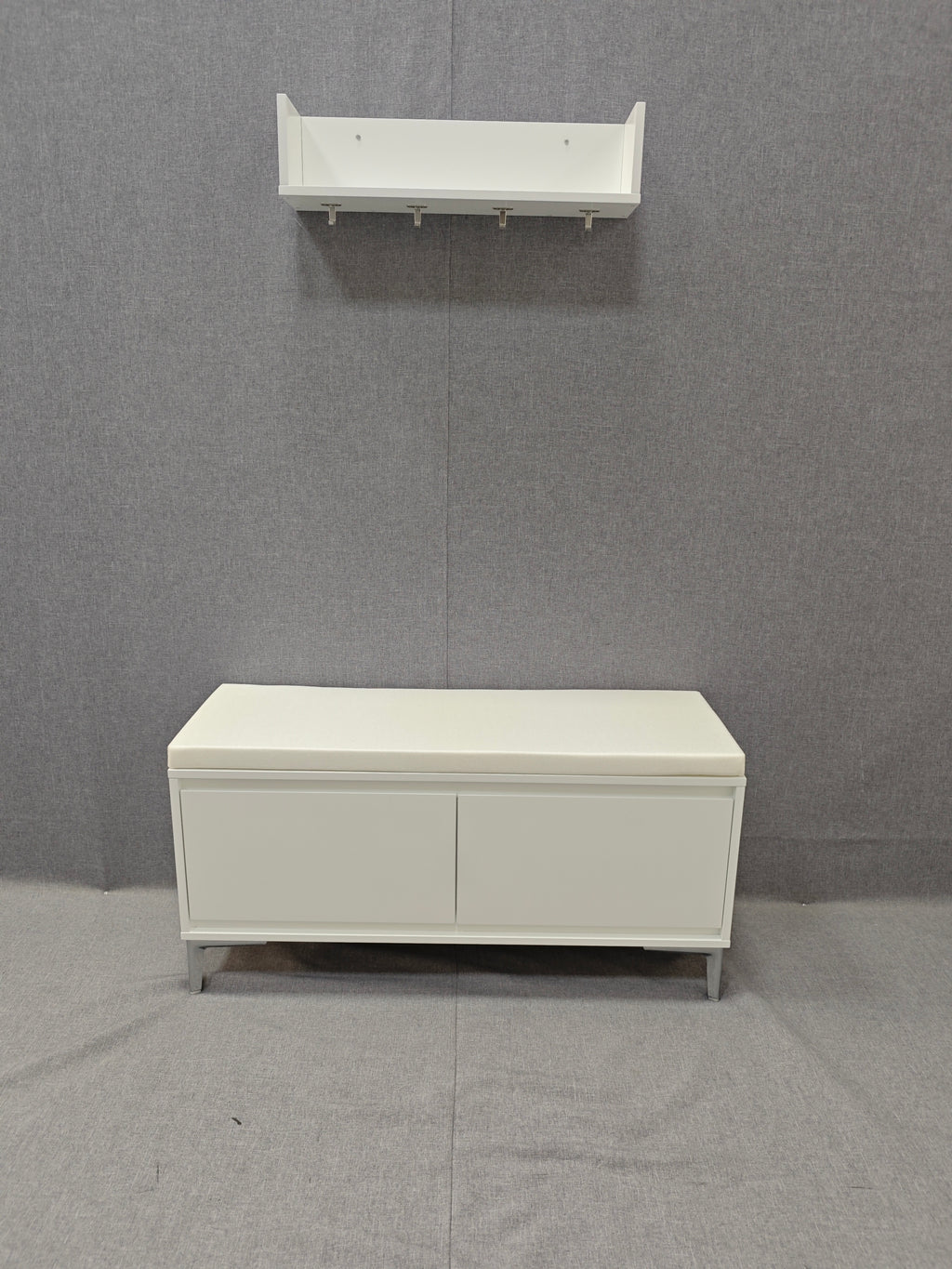Modern White Wall-Mounted Entryway Shelf with Hooks and Storage Bench Set, Off White Metal & Wood, 39.37 x 15.75 x 19.49 inches - Grand Goldman Shop