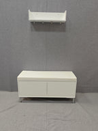 Modern White Wall-Mounted Entryway Shelf with Hooks and Storage Bench Set, Off White Metal & Wood, 39.37 x 15.75 x 19.49 inches - Grand Goldman Shop