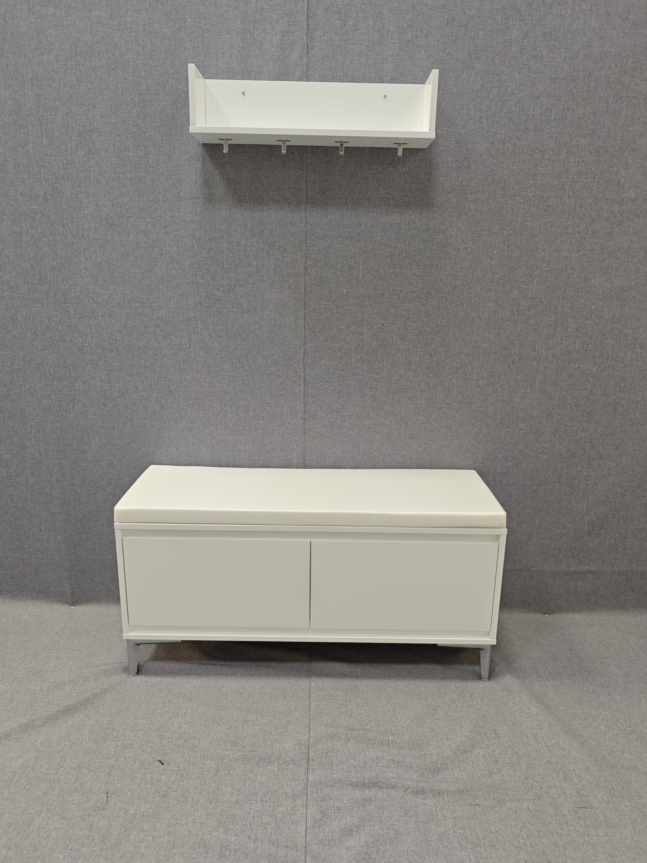 Modern White Wall-Mounted Entryway Shelf with Hooks and Storage Bench Set, Off White Metal & Wood, 39.37 x 15.75 x 19.49 inches - Grand Goldman Shop