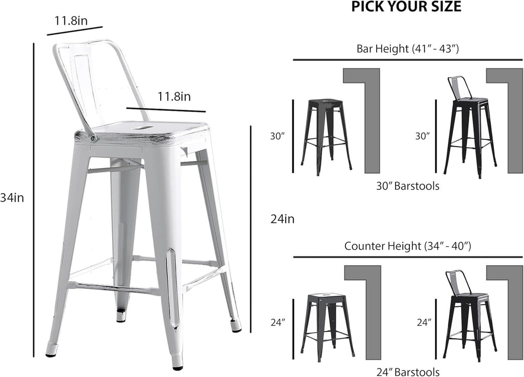 Modern Light Weight Industrial Contemporary Rustic Vintage Costal Metal Barstools with Bucket Back and 4 Leg Design, Seat Bar