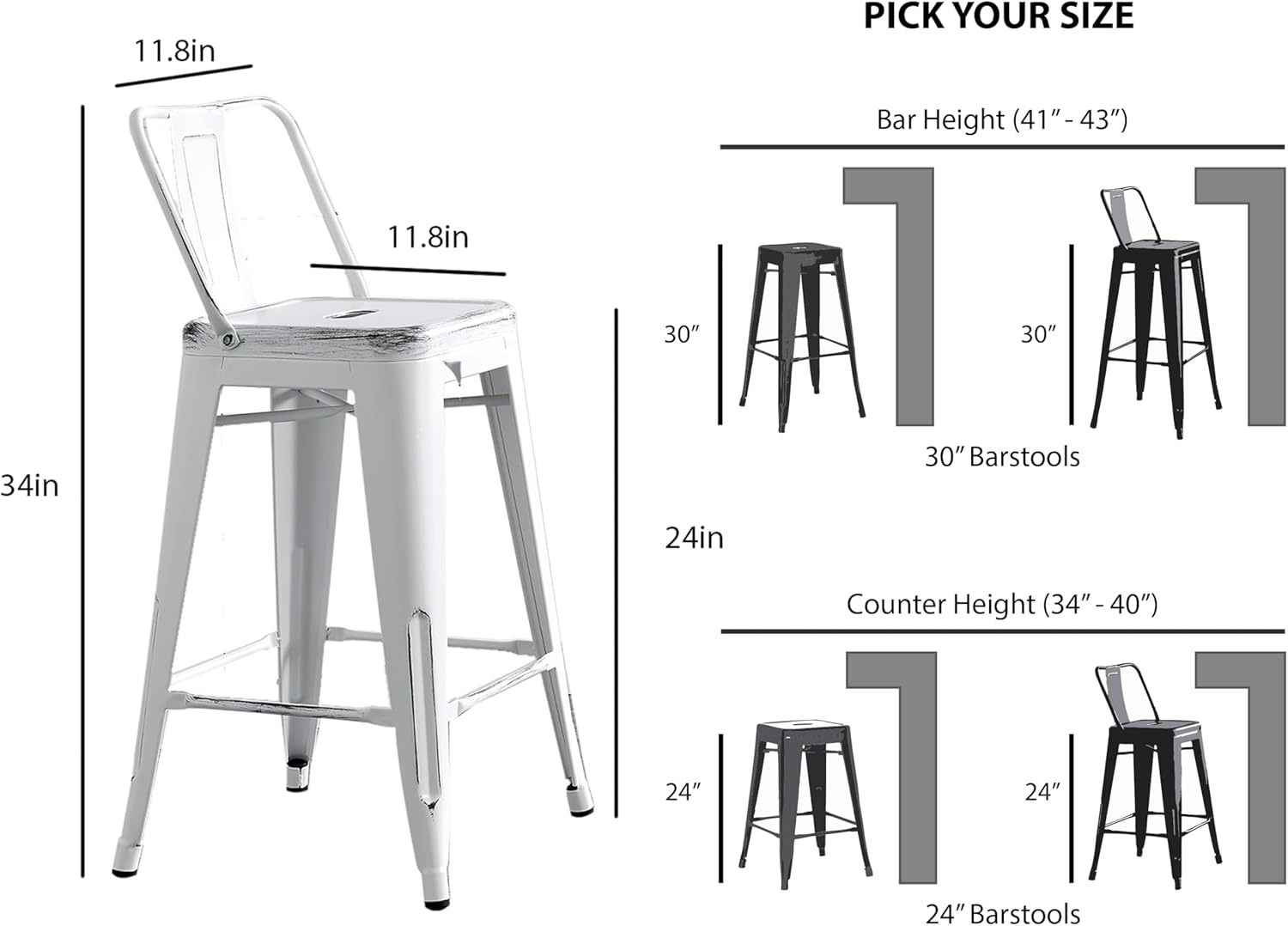Modern Light Weight Industrial Contemporary Rustic Vintage Costal Metal Barstools with Bucket Back and 4 Leg Design, Seat Bar