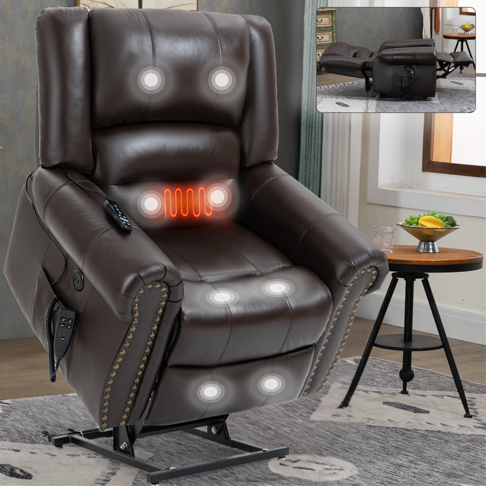 Power Lift Recliner Chair Heat Massage Dual Motor Infinite Position Up to 350 LBS, Genuine Leather, Heavy Duty Motion Mechanism with USB Ports, Brown - Grand Goldman Shop