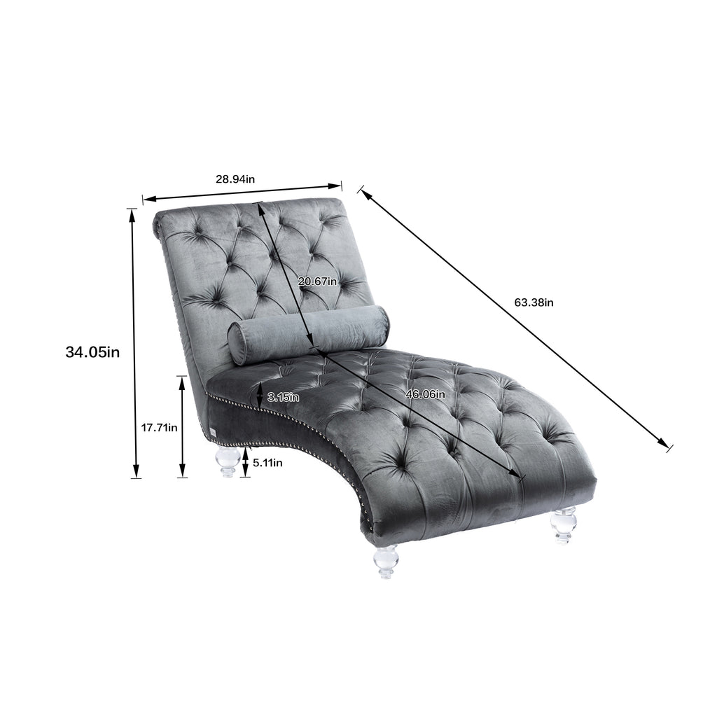 Velvet Chaise Lounge Indoor, Button-Tufted Upholstered Chaise Lounge Chair with Pillow, Silver Velvet, 63.98 Inches - Grand Goldman Shop