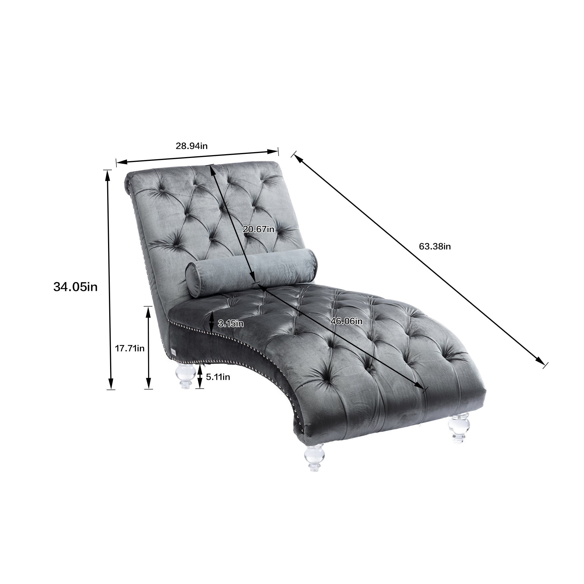 Velvet Chaise Lounge Indoor, Button-Tufted Upholstered Chaise Lounge Chair with Pillow, Silver Velvet, 63.98 Inches - Grand Goldman Shop