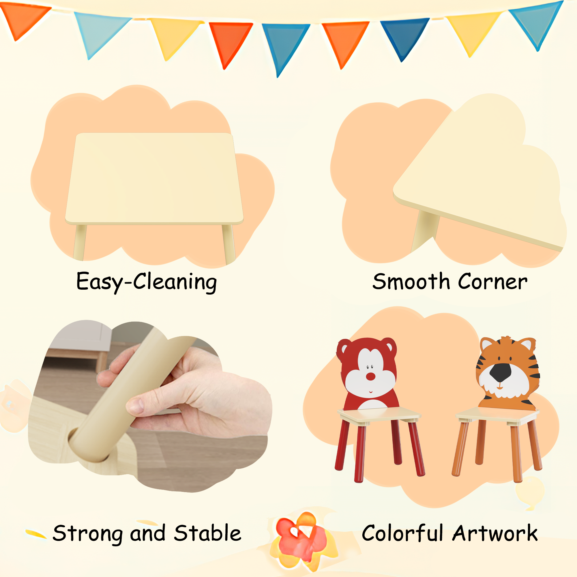 Kids Table and 2 Chairs Set, Wooden Activity Play Table Set with Bear & Tiger Design in White & Orange, Solid Wood and MDF Co