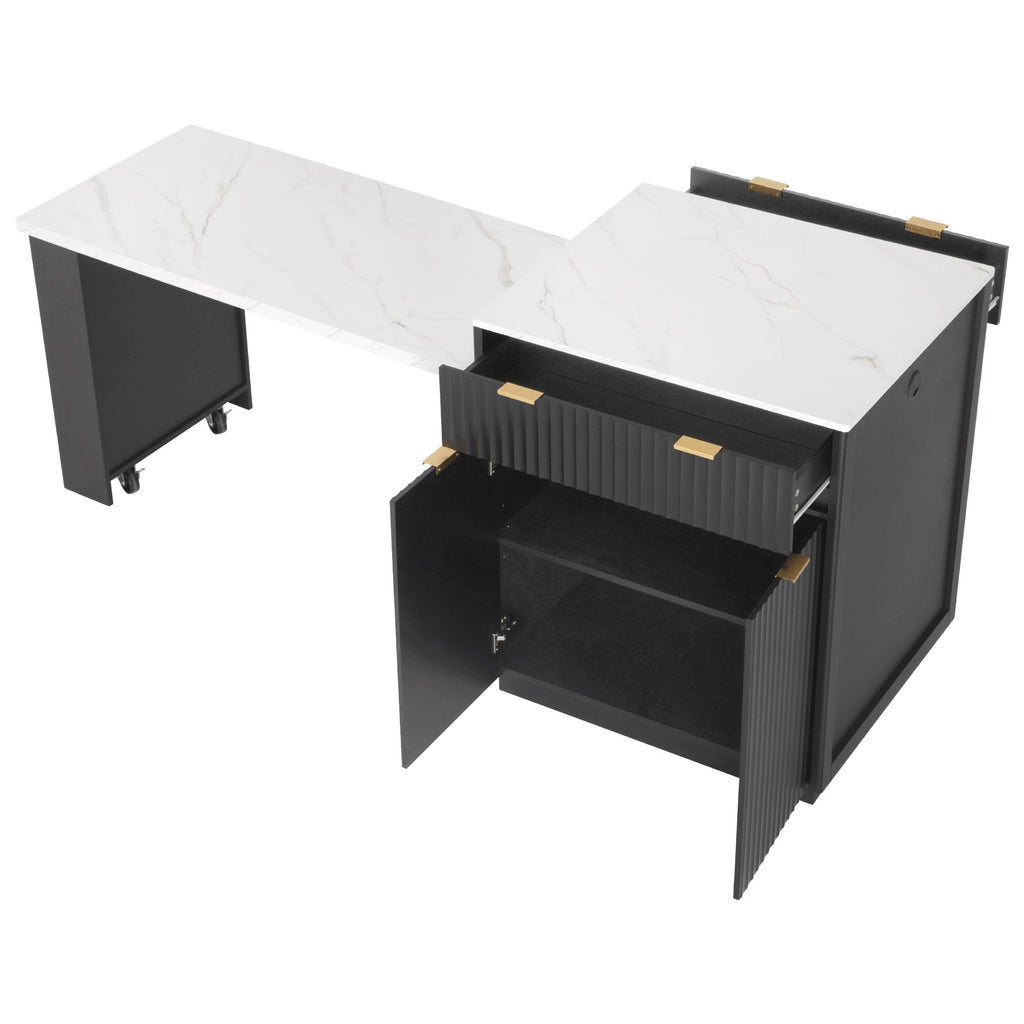 K&K 82.6' Fluted Kitchen Island with Extendable Dining Table for 4-6, Island Table for Kitchen with Power Outlet, Kitchen Table with Double-Side Storage, 2 Drawers 2 Side Open Shelves, Black - Grand Goldman Shop