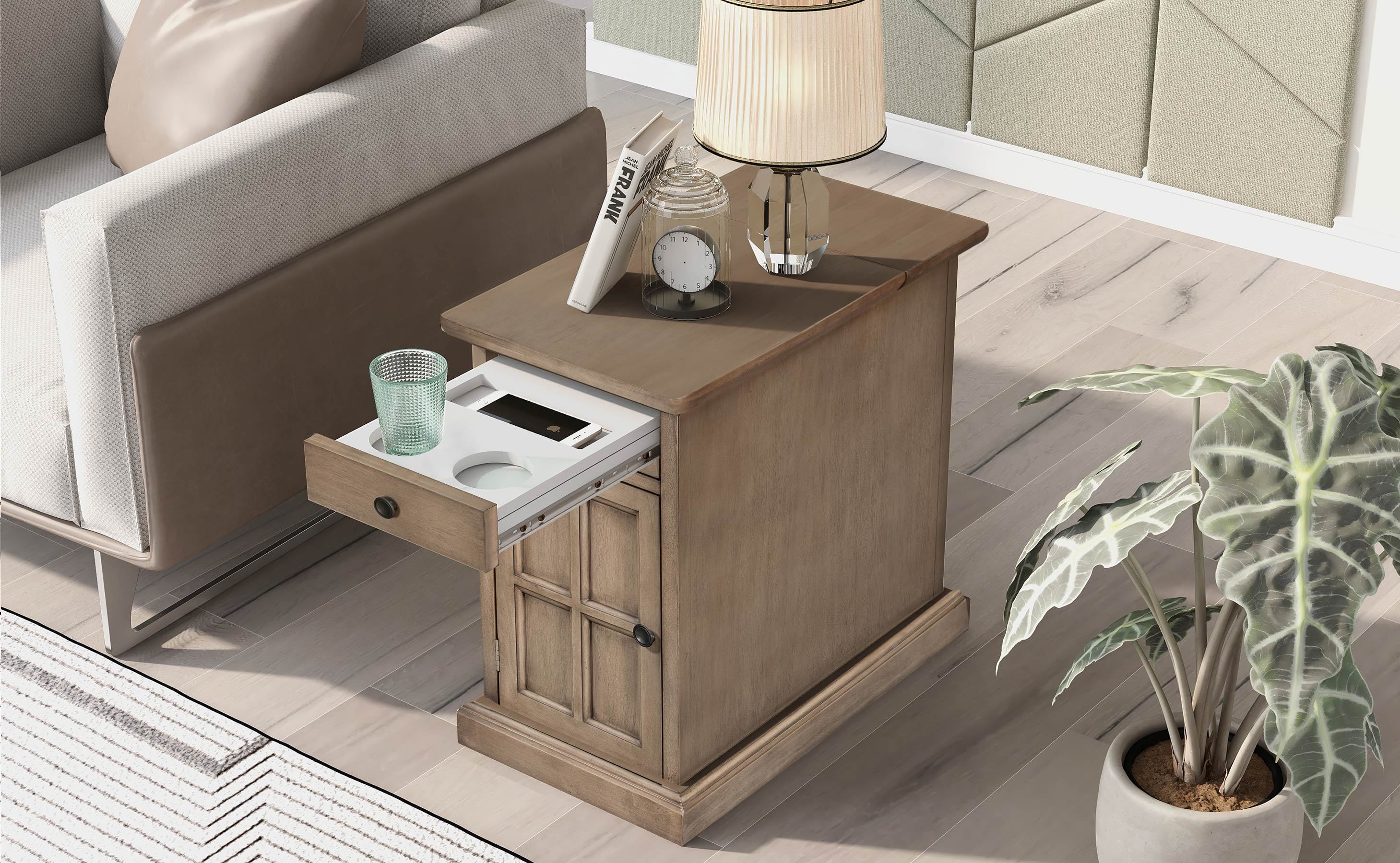 U-Can Classic Vintage Livingroom End Table Side Table with USB Ports and One Multifunctional Drawer with cup holders, Antique Brown (Old SKU: WF296294AAD) - Grand Goldman Shop