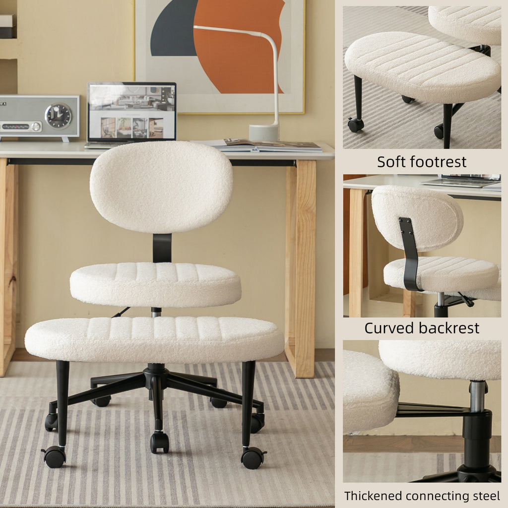 Ergonomic Cross-Legged Office Chair with Back Support, Cream Velvet Multi-Position Desk Chair for Adults, White - Grand Goldm