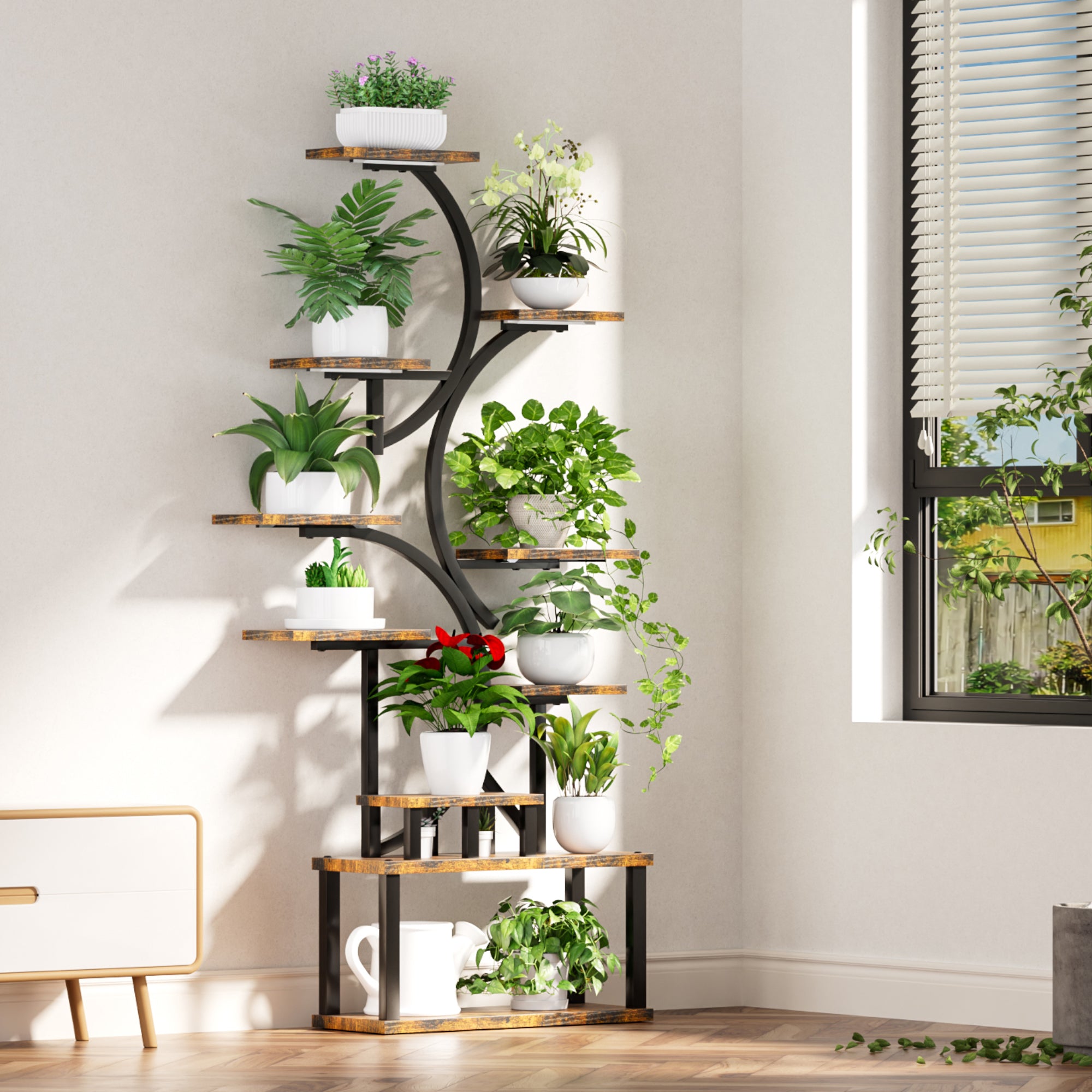 S-Shaped 10-Tier Plant Stand with 5 Grow Lights in Deep Rustic Brown, MDF and Steel, 68.5' Tall for Indoor Plants - Grand Goldman Shop