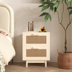 Rattan Nightstand with Wood Finish and 2 Faux Rattan Drawers, Antique Natural Color, Storage Side Table for Bedroom or Living Room - Grand Goldman Shop