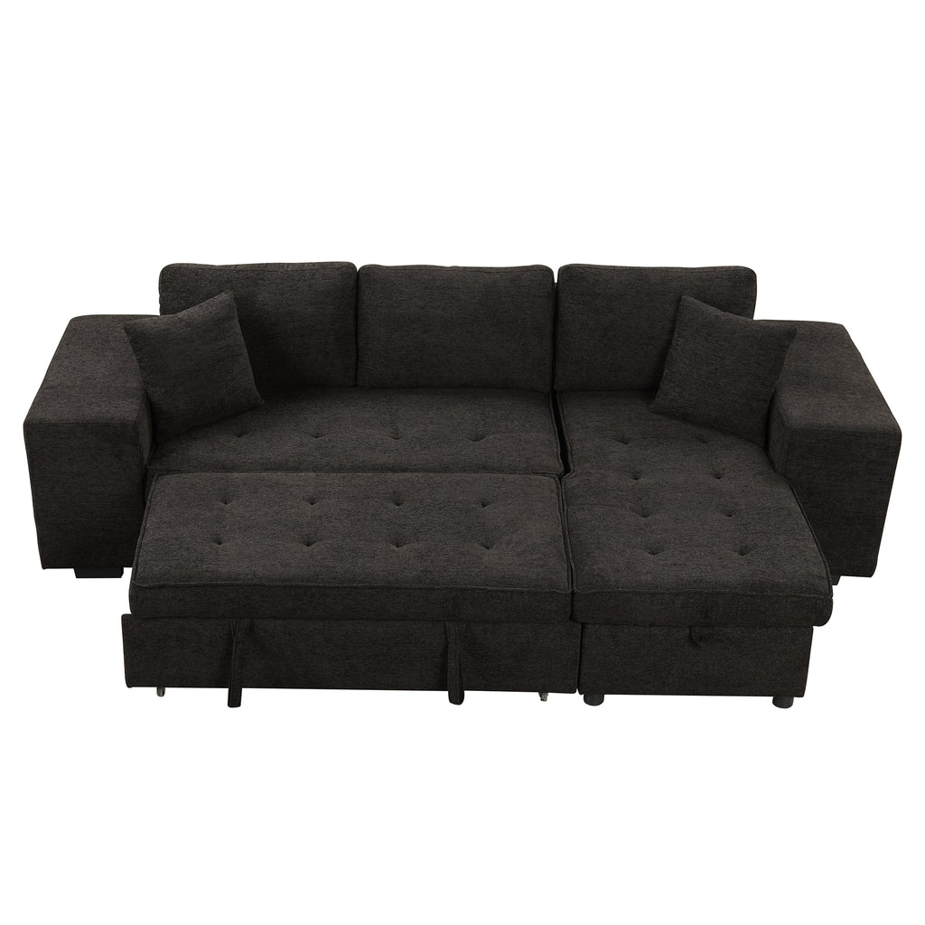 Modern L-Shape 3 Seat Reversible Sectional Couch with Pull Out Sleeper Sofa, Storage Chaise, 2 Stools, Charcoal Grey, Linen Chenille - Grand Goldman Shop