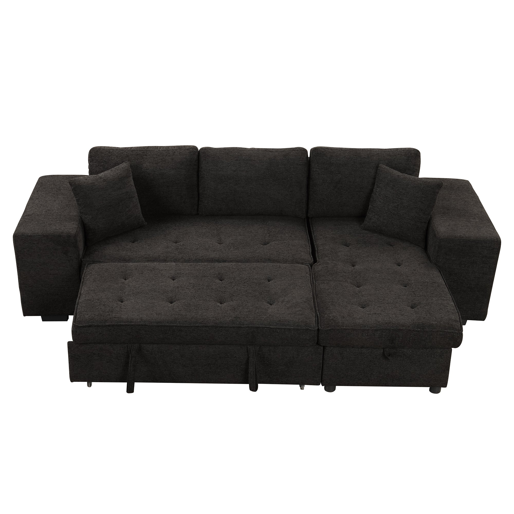Modern L-Shape 3 Seat Reversible Sectional Couch with Pull Out Sleeper Sofa, Storage Chaise, 2 Stools, Charcoal Grey, Linen Chenille - Grand Goldman Shop