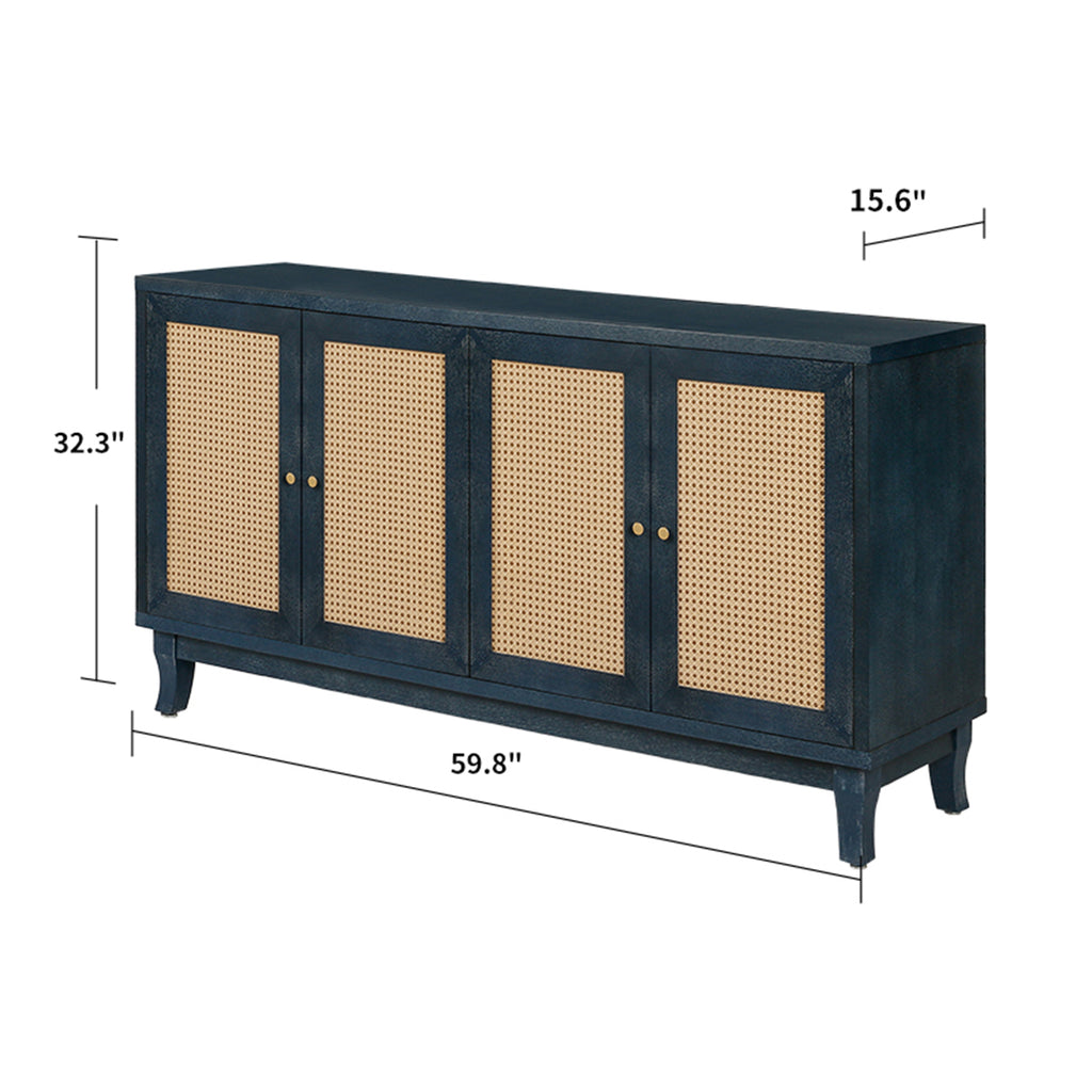 Handcrafted Premium Grain Panels,Rattan Sideboard Buffer Cabinet,Accent Storage Cabinet With 4 Rattan Doors, Modern Storage Cupboard Console Table with Adjustable Shelves for Living Room ,BLUE - Grand Goldman Shop