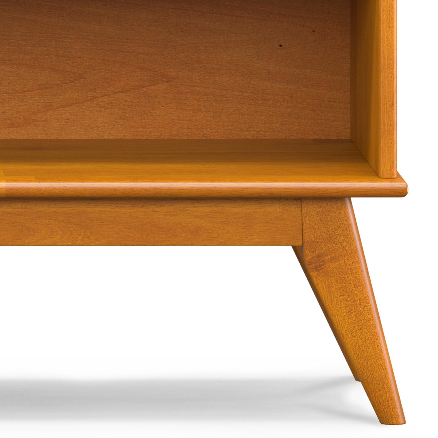 Draper Low Bookcase in Teak Brown: Mid-Century Modern Solid Wood Storage Unit with 4 Open Shelves, 14D x 64W x 30H - Grand Go