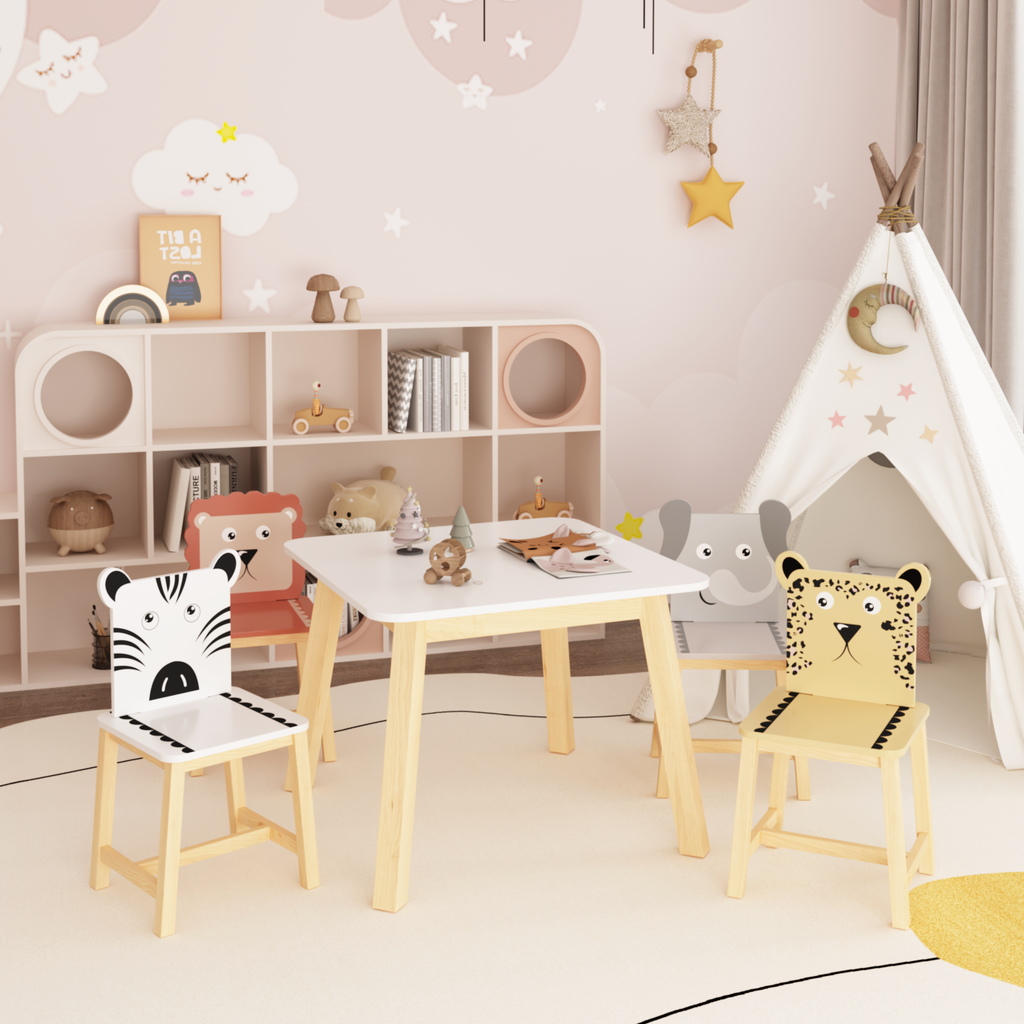 Kids Wood Table and Chair Set with Cartoon Animals Design, White Solid Wood & MDF Furniture for Ages 3-8, 5-Piece Table and C