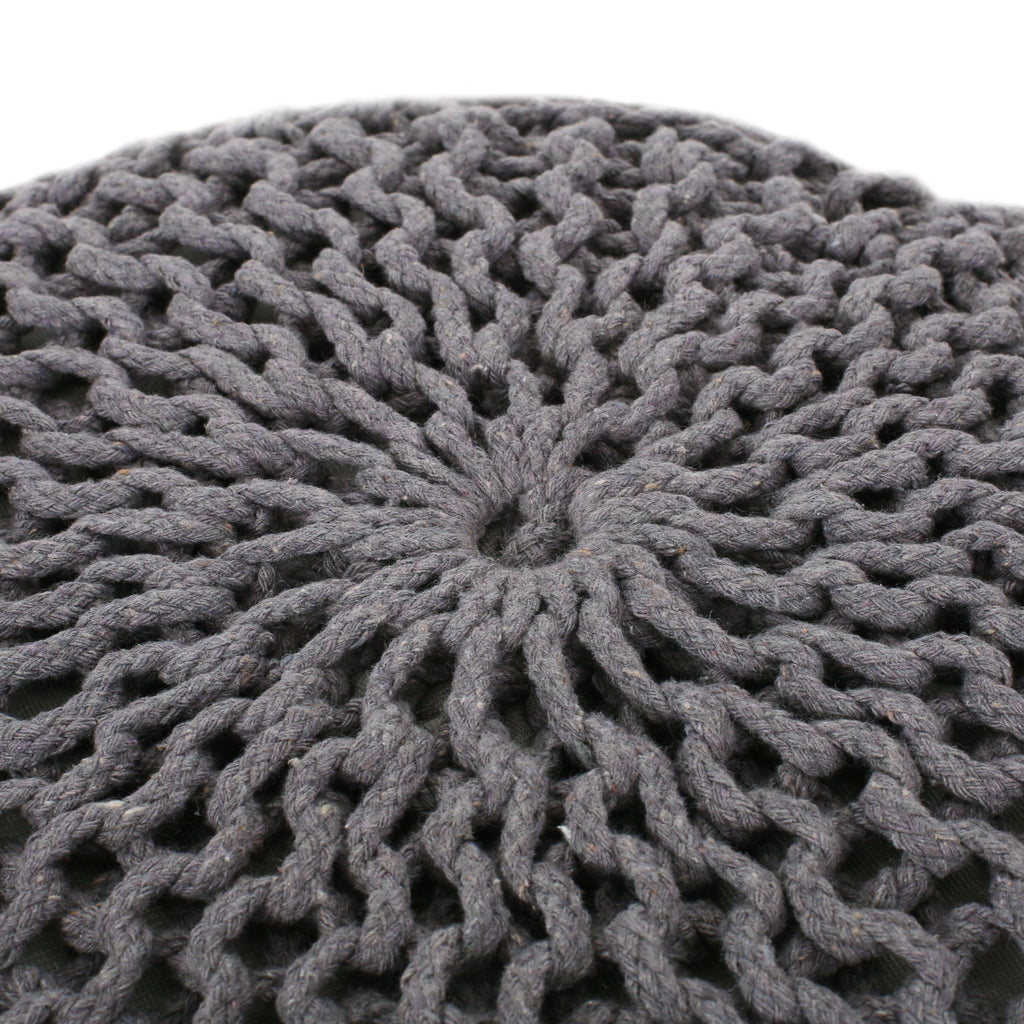 Hazel Modern Knitted Cotton Yarn Round Pouf with Eco-Friendly PET Fibers, Dark Grey, 20 x 20 inches - Grand Goldman Shop