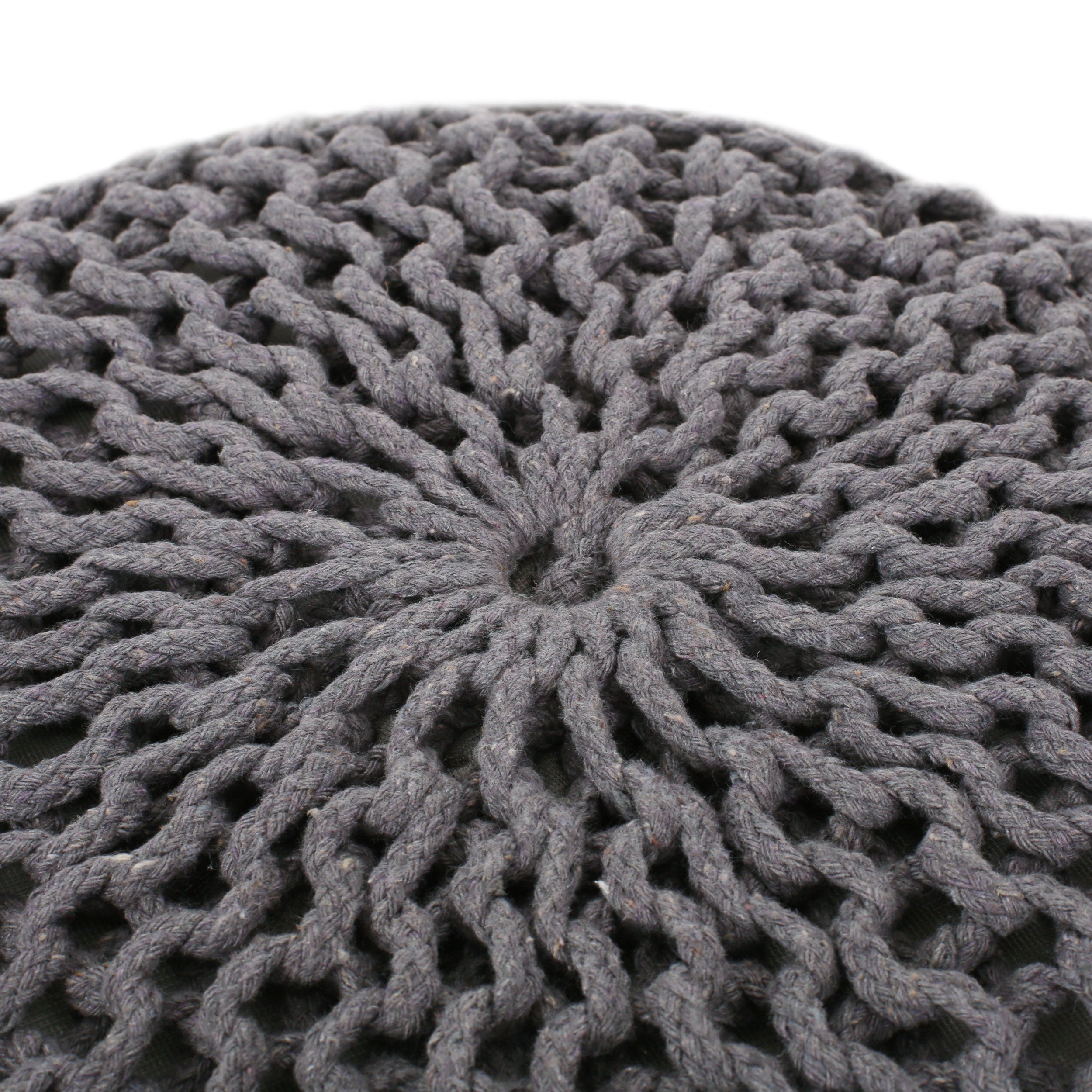 Hazel Modern Knitted Cotton Yarn Round Pouf with Eco-Friendly PET Fibers, Dark Grey, 20 x 20 inches - Grand Goldman Shop