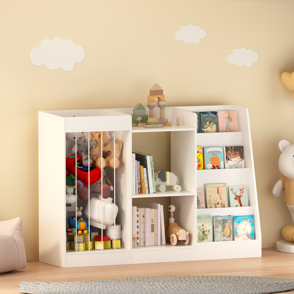 Stylish 3-in-1 Kids Bookshelf and Toy Storage, 4-Tier Book Shelf for Kids Rooms, Sling Baby Bookcase with Stuffed Animal Stor