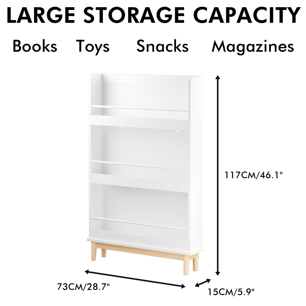 Modern White Wall-Mounted Kids Bookshelf with Natural Wood Base, 3 Front-Facing Display Shelves for Toddler Bedroom, Nursery 