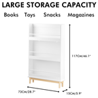 Modern White Wall-Mounted Kids Bookshelf with Natural Wood Base, 3 Front-Facing Display Shelves for Toddler Bedroom, Nursery 