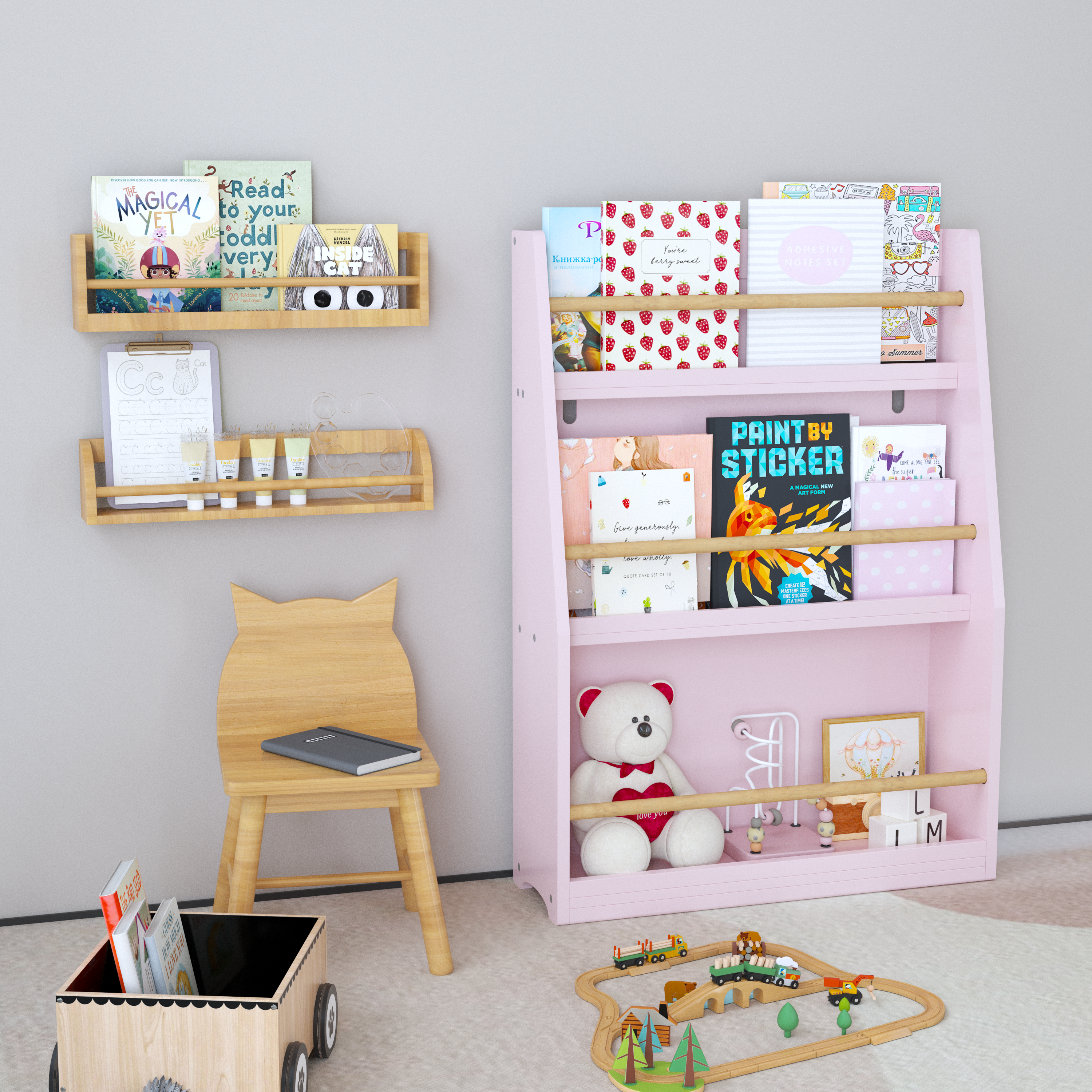 3-Tier Kids Book Shelf, Pink MDF & Pine Wood Storage Rack for Bedrooms, Playrooms, and Classrooms - Grand Goldman