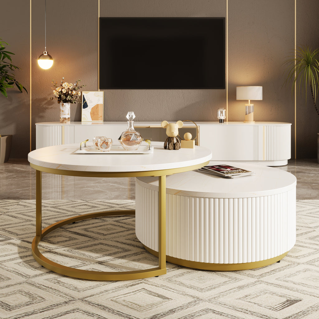 Modern Round Nesting Coffee Table Fluted with Drawer in White & Gold in 31.5'' - Grand Goldman Shop