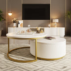 Modern Round Nesting Coffee Table Fluted with Drawer in White & Gold in 31.5'' - Grand Goldman Shop