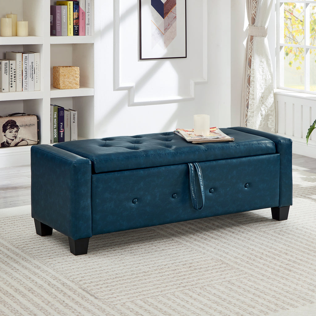 48' Ottoman Bench with Storage, Bench for Bedroom,Living Room,Hallway, Upholstered Tufted Faux Leather PU Ottoman Blue - Grand Goldman Shop