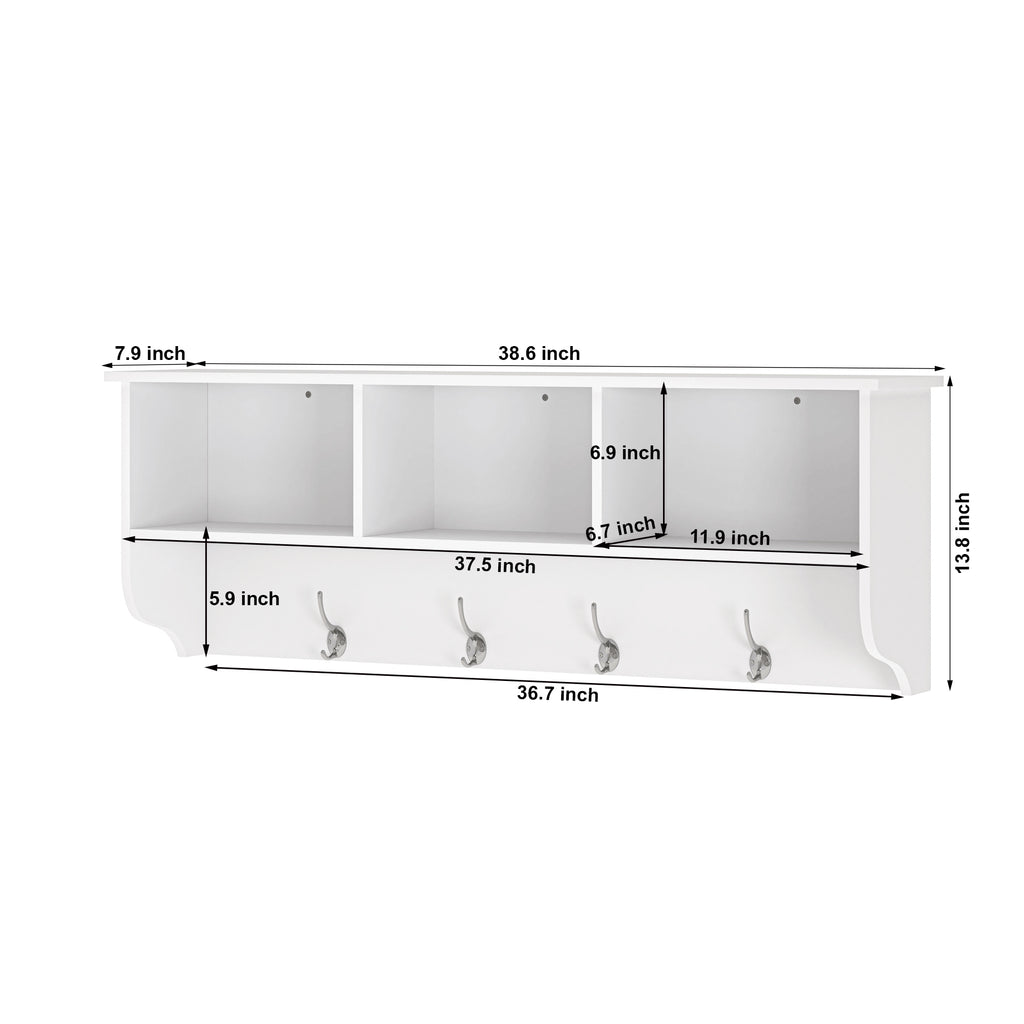 White Entryway Wall Mounted Coat Rack with 4 Dual Hooks Living Room Wooden Storage Shelf - Grand Goldman Shop