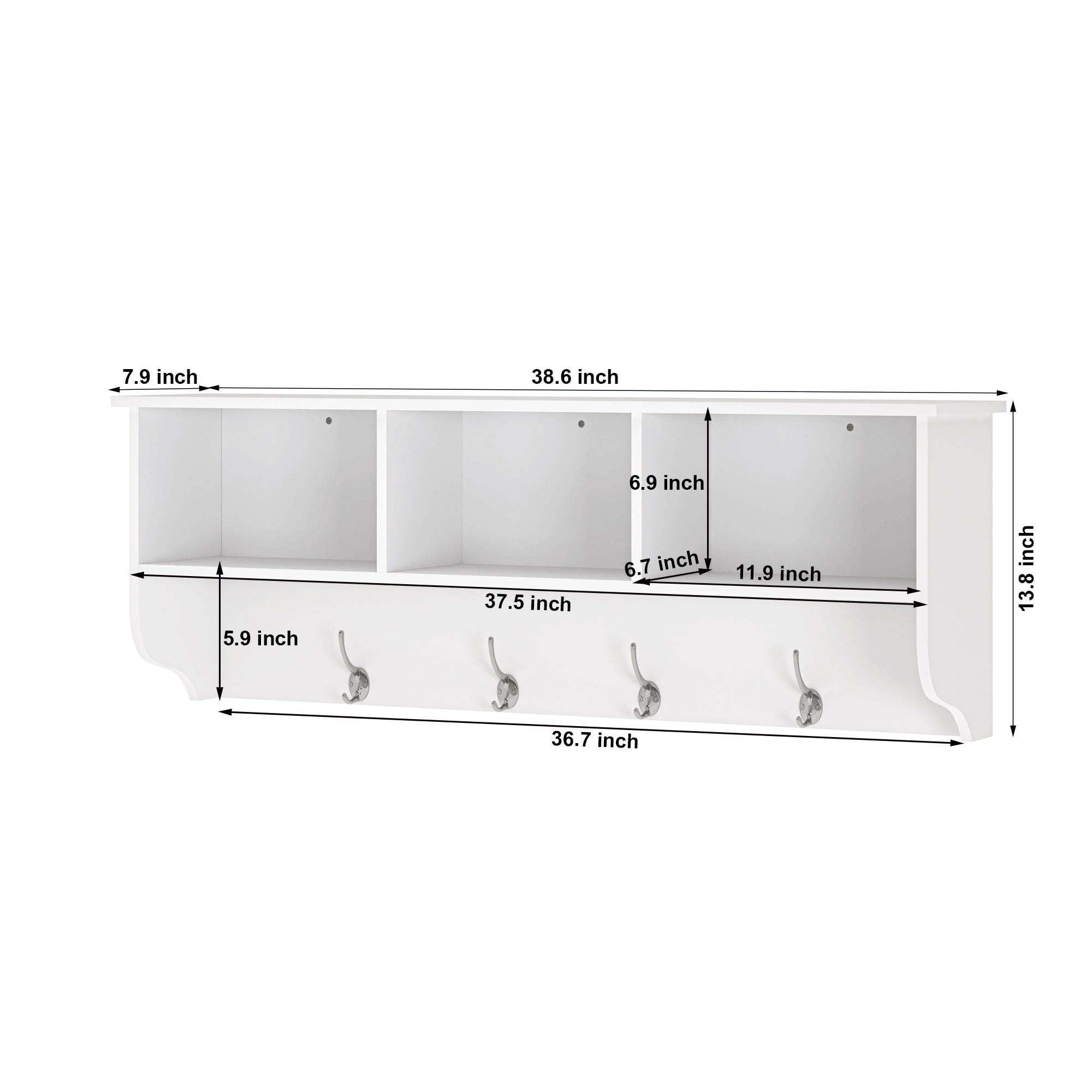 White Entryway Wall Mounted Coat Rack with 4 Dual Hooks Living Room Wooden Storage Shelf - Grand Goldman Shop