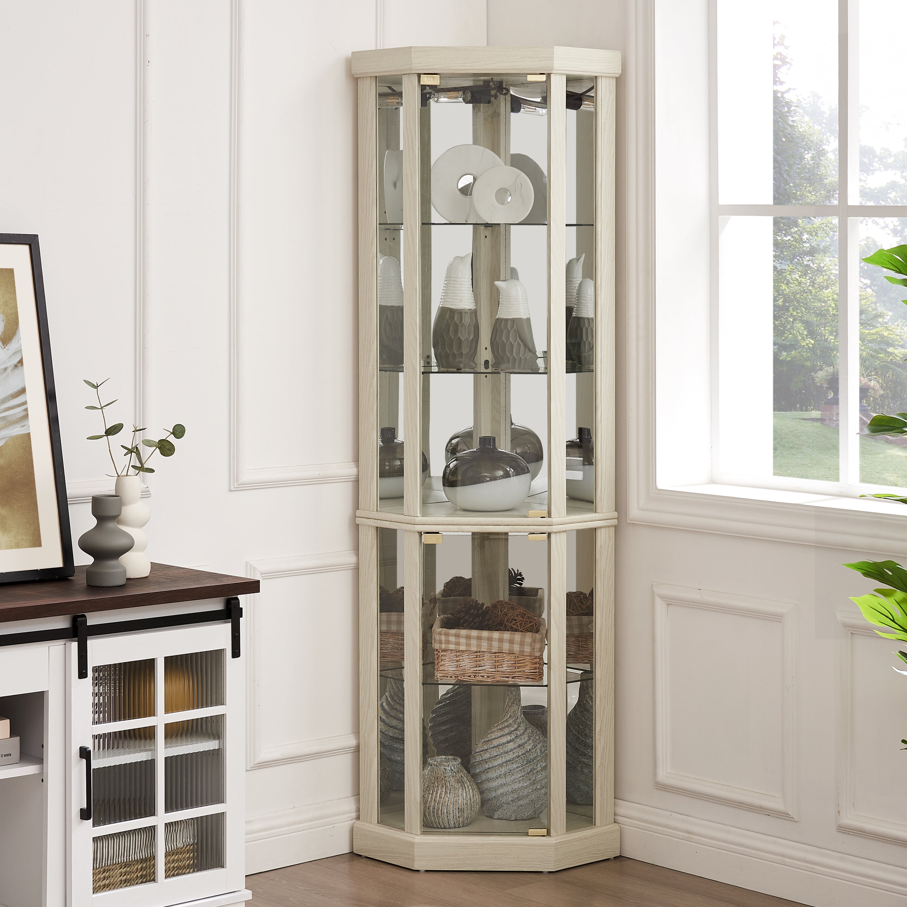 Corner Lighted Curio Cabinet Corner Glass Cabinet Lighted Curio Cabinet Corner Display Case for Living Room, Curio Cabinet, Antique collection, Wine,Bar Glass Storage Light Included,Antique White - Grand Goldman Shop
