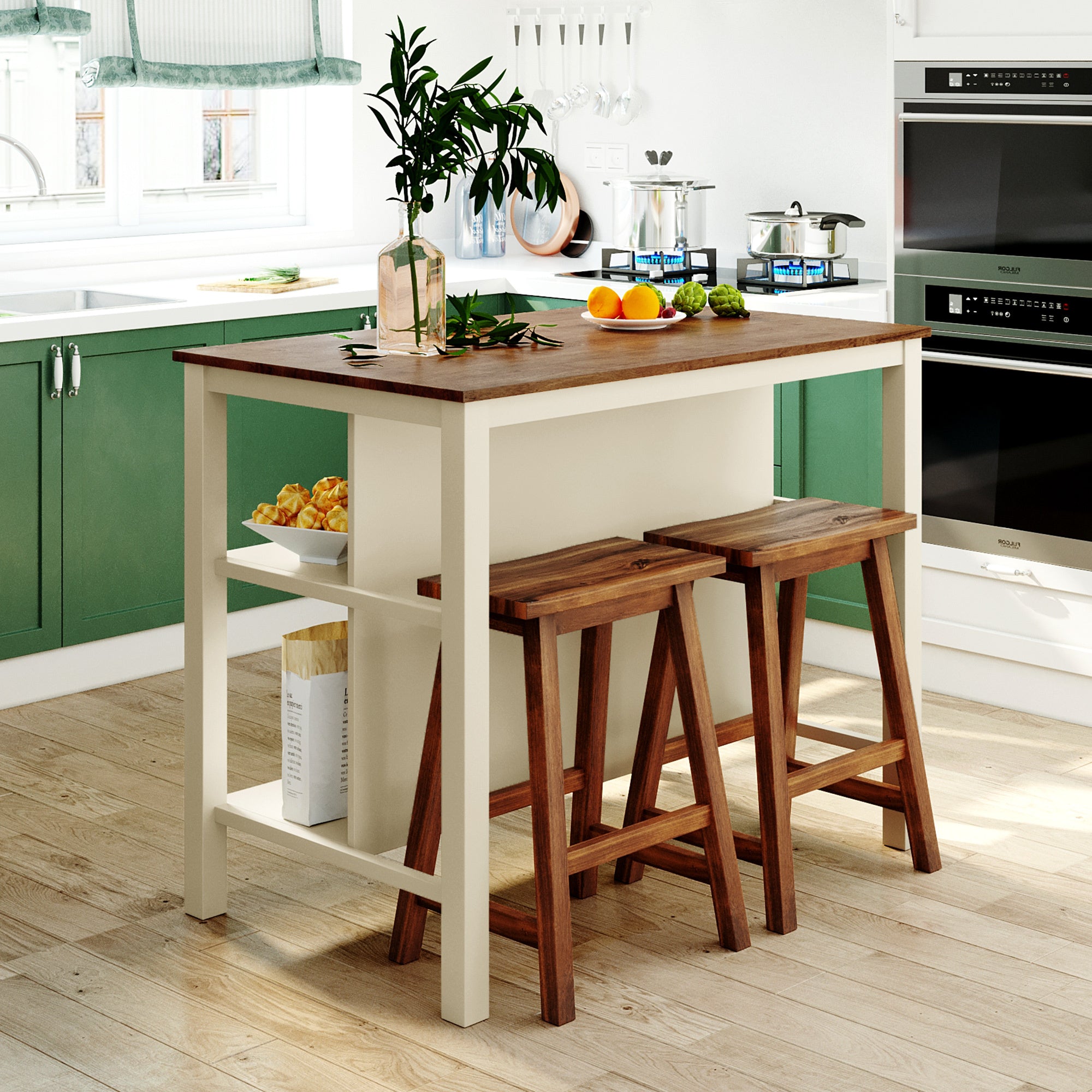 TOPMAX Rustic 3-piece Stationary Kitchen Island Set with Butcher Block and Seating, Walnut and Cream White - Grand Goldman Shop