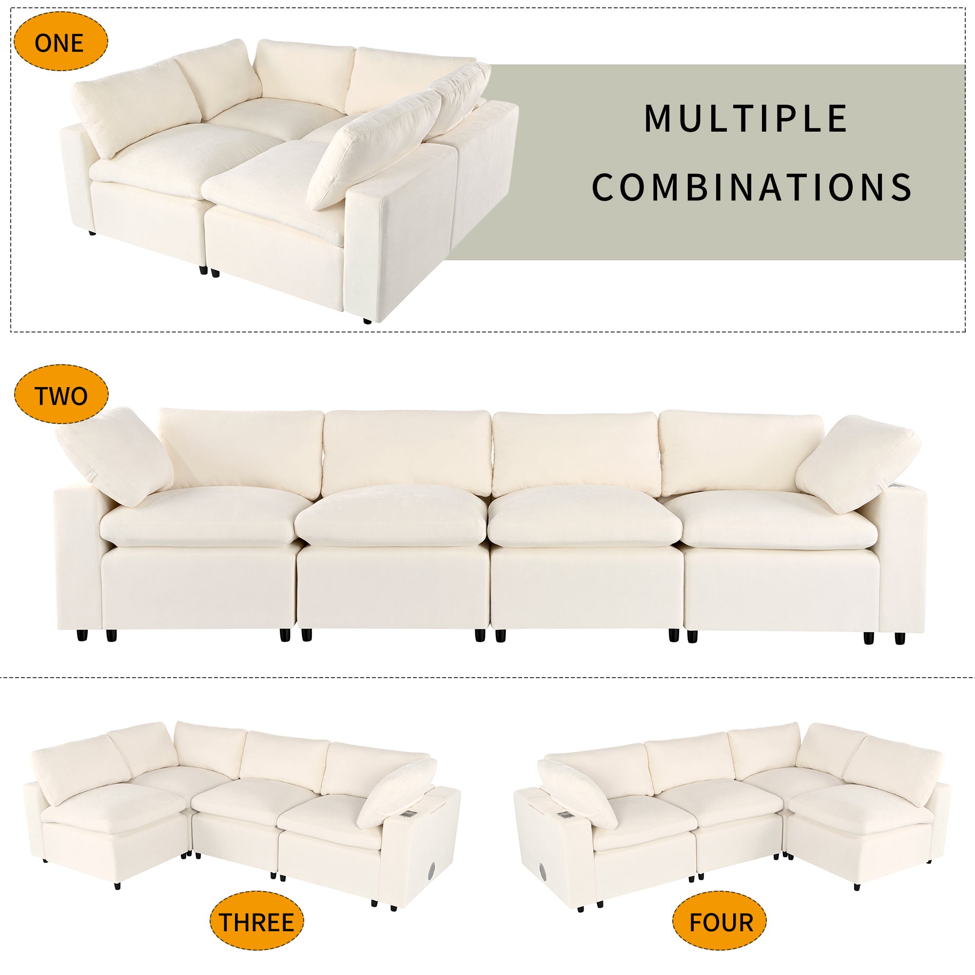 U-style Upholstered Modular Sofa with  with Storage Space, USB Charge Ports,Wireless Charging and Built-in Bluetooth Speaker in Arm,Sectional sofa for Living Room Apartment.[old sku:WY000317AAA] - Grand Goldman Shop