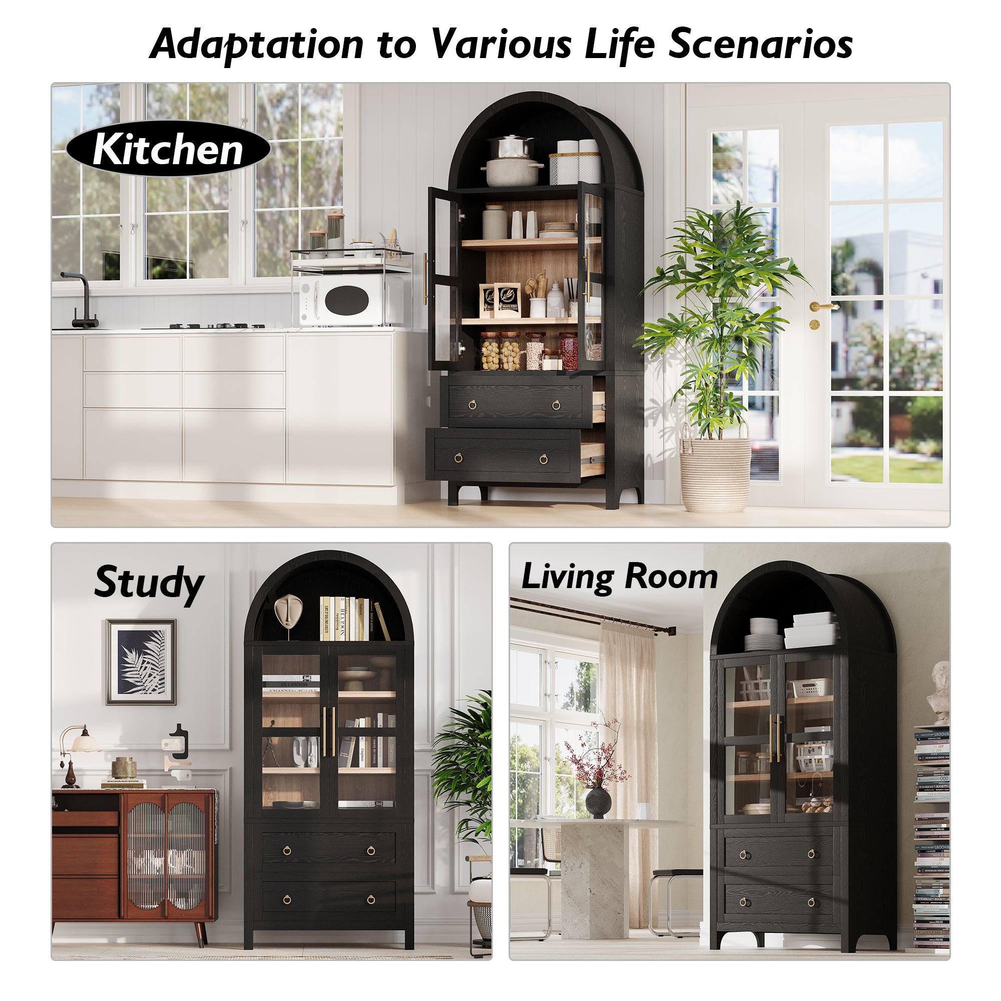 K&K 71' Tall Arched Kitchen Pantry Cabinet with 2 Large Drawers, Modern Farmhouse Kitchen Storage Cabinets with Adjustable Shelves, Glass Door, Wood Versatile Cupboard for Kitchens, Dining Room, Black - Grand Goldman Shop