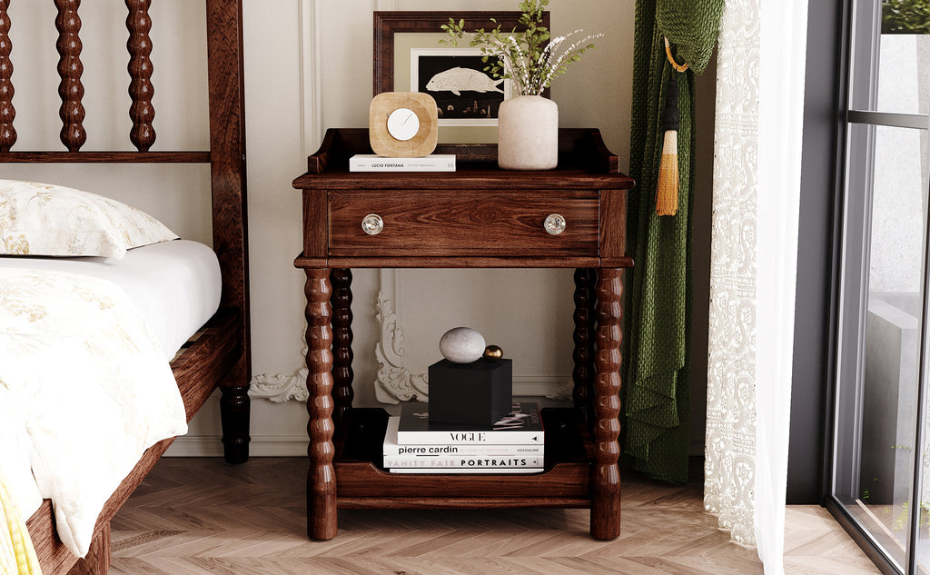 Retro Style Nightstand with Drawer and Open Shelf for Bedroom, Bedside Table with Turned Legs and Metal Handle,Walnut - Grand Goldman Shop