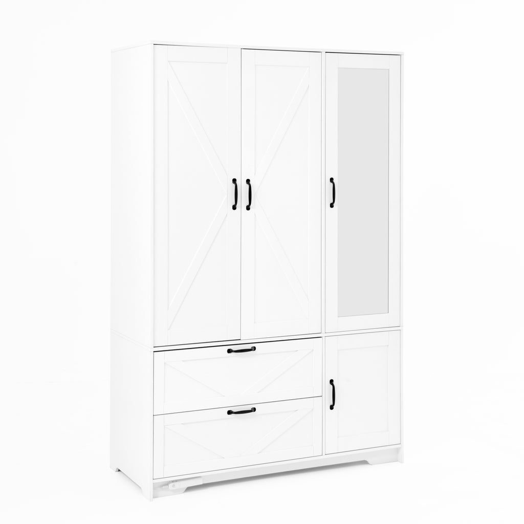 4 Doors Wardrobe Closet with Mirror, LED Wardrobe with Doors and 2 Drawers, Wooden Wardrobe Storage Cabinet with Hanging Rod, Adjustable Shelves, White - Grand Goldman Shop