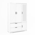 4 Doors Wardrobe Closet with Mirror, LED Wardrobe with Doors and 2 Drawers, Wooden Wardrobe Storage Cabinet with Hanging Rod, Adjustable Shelves, White - Grand Goldman Shop