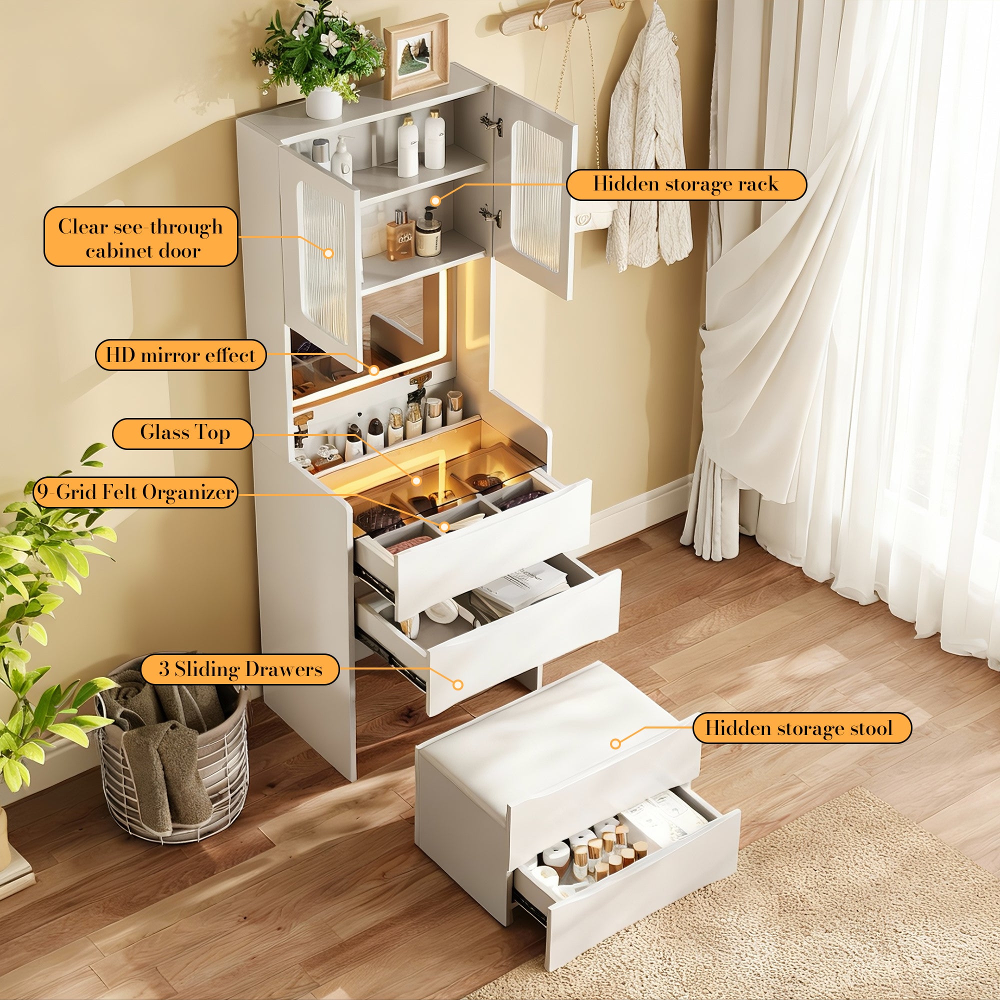 3-in-1 Vanity Table with LED Mirror & Storage Stool, Flip Top Makeup Dressing Table with Adjustable Lights, 5 Storage Spaces Cosmetic Organizer for Bedroom - Grand Goldman Shop