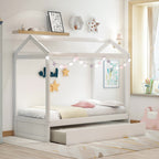 House Bed with Trundle in White, Pine Wood and MDF, Twin Size, Pre-Drilled Holes for Easy Assembly - Grand Goldman Shop