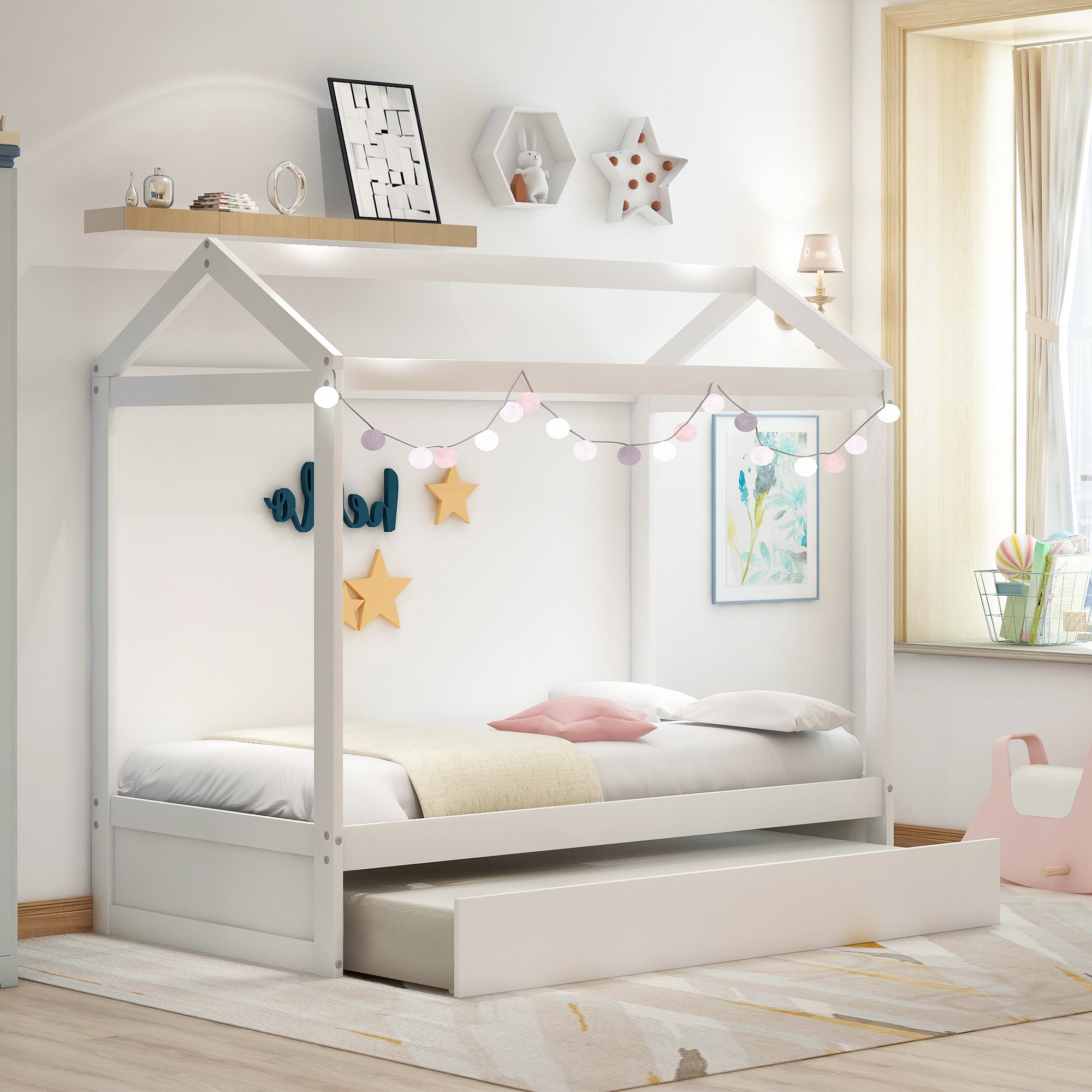 House Bed with Trundle in White, Pine Wood and MDF, Twin Size, Pre-Drilled Holes for Easy Assembly - Grand Goldman Shop