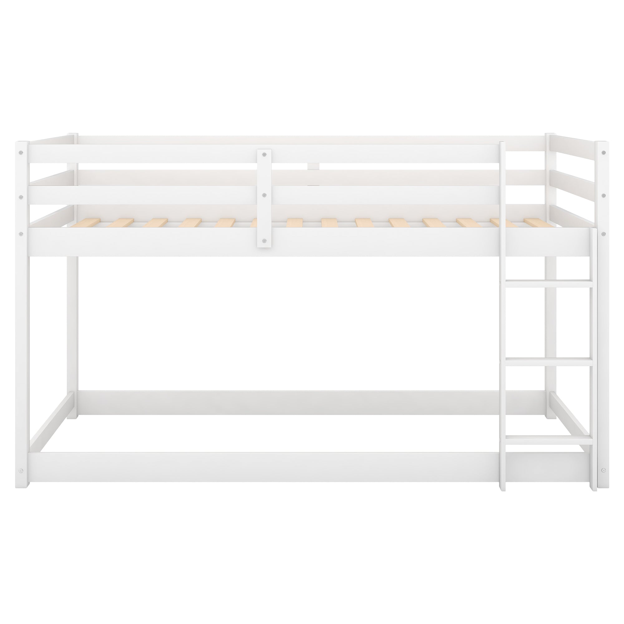 White Twin Over Twin Floor Bunk Bed with Ladder, Solid Pine Wood, 79.1''L x 42''W x 46.5''H - Grand Goldman Shop